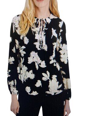 Anne Klein Women's Tie-Front Split-Neck Blouse Black White Flowers XXS NWT